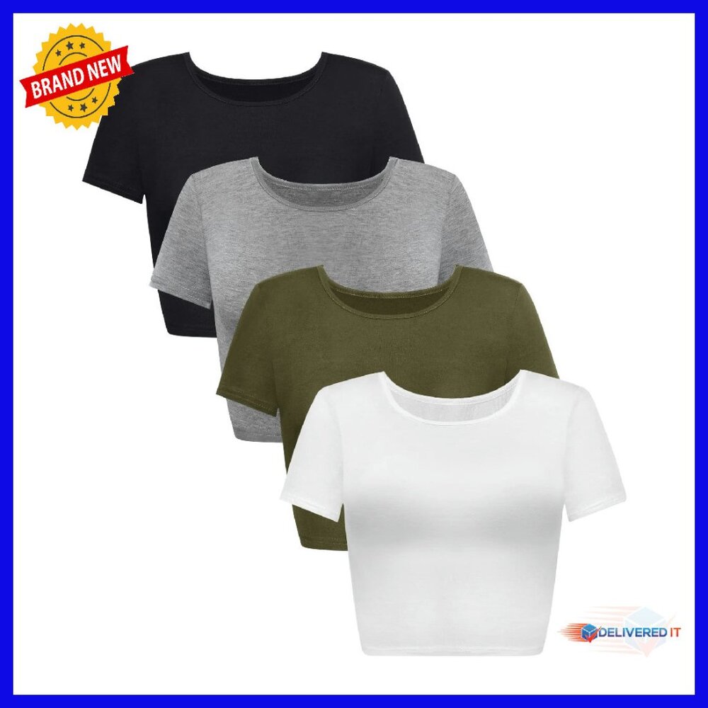 4 Pack Summer Crop Tops Basic Tight Short Sleeve … - image 1